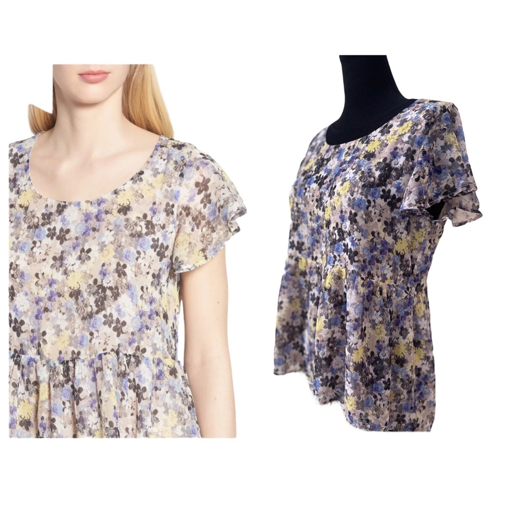 Lucky Brand Floral Print Flutter Sleeve Blouse Med